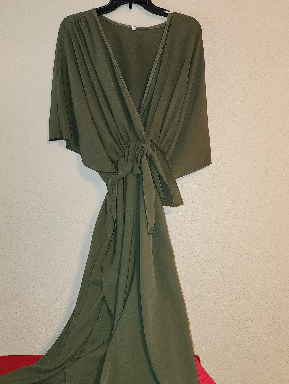 Olive Green Maxi Wrap Dress with Tie Front and Draped Sleeves